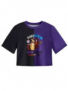Y2Kool Maria Clara Maia Damen Neujahrseditionen Schwarz & Lila Valentinstag Engel Amor Buchstaben Muster Rundhals Colorblocking Kurzarm Crop Top Lässig T-Shirt Y2K Karneval - Violett - Übersicht 2