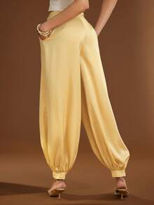 Hauture Pantalones casuales de unicolor con bolsillos y cordón para mujer, versátiles para vacaciones y viajes - Amarillo - Ver 5
