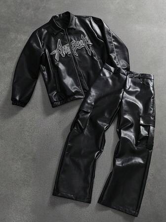 Manfinity LEGND 男士休闲时尚街头刺绣字母图案拉链PU皮夹克，秋季款