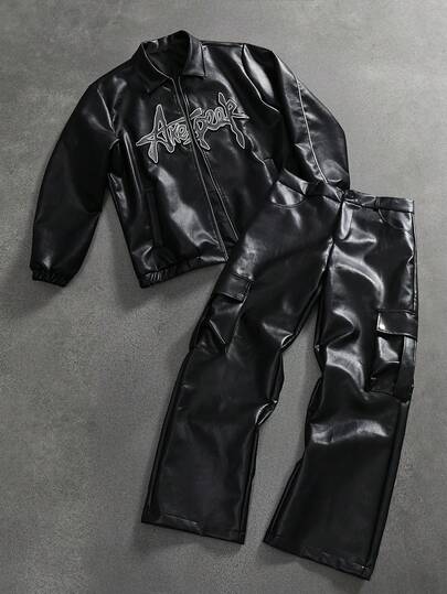 Manfinity LEGND Men's Casual Fashion Street Embroidered Letter Pattern Zip-Up PU Leather Jacket, Autumn Mens Leather Jacket Mens Gothic Clothes Mens Cargo Pants Leather Tracksuit Men Y2k Tracksuit Men