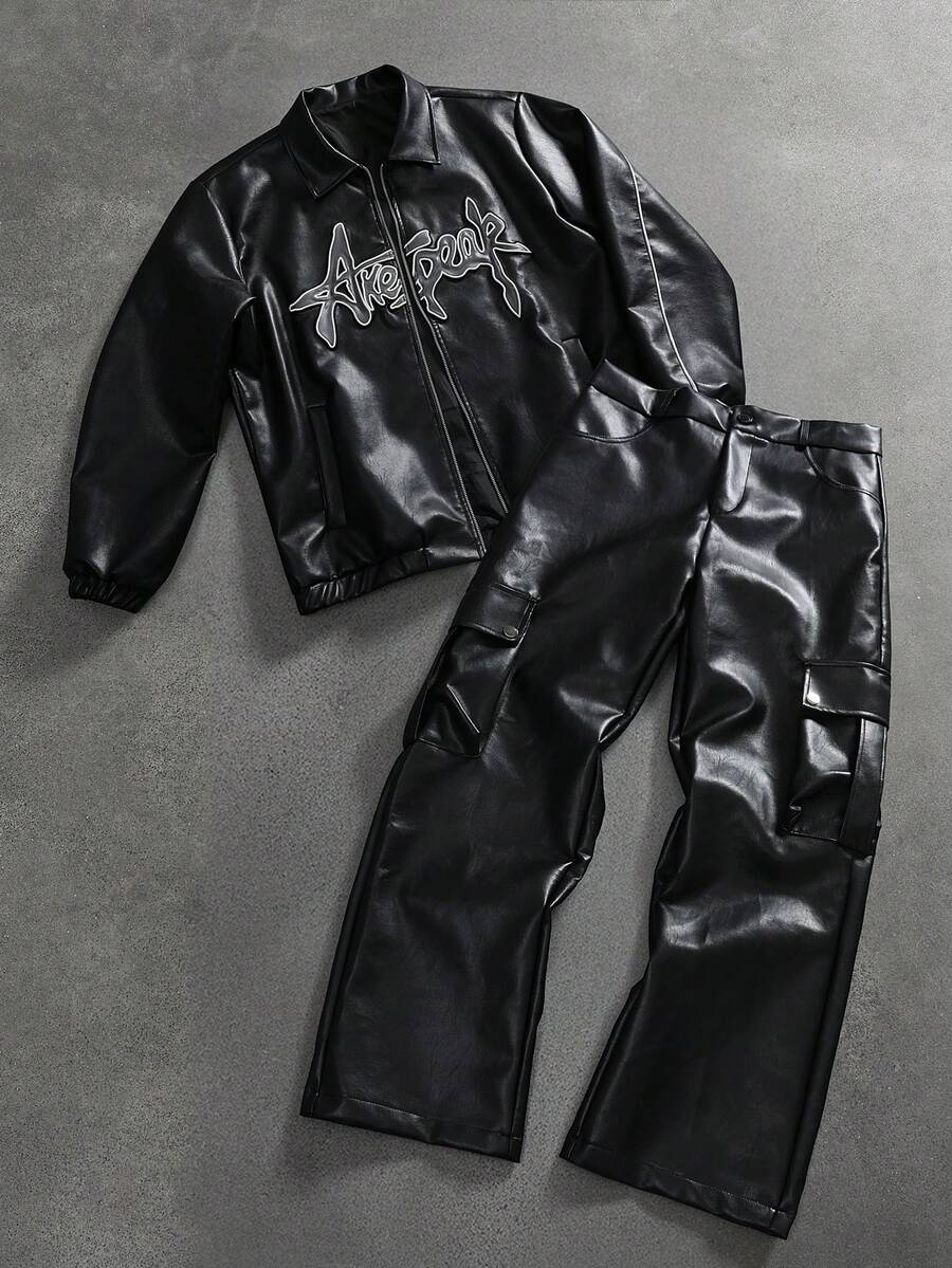 Manfinity LEGND Men's Casual Fashion Street Embroidered Letter Pattern Zip-Up PU Leather Jacket, Autumn Mens Leather Jacket Mens Gothic Clothes Mens Cargo Pants Leather Tracksuit Men Y2k Tracksuit Men - Black - View 1