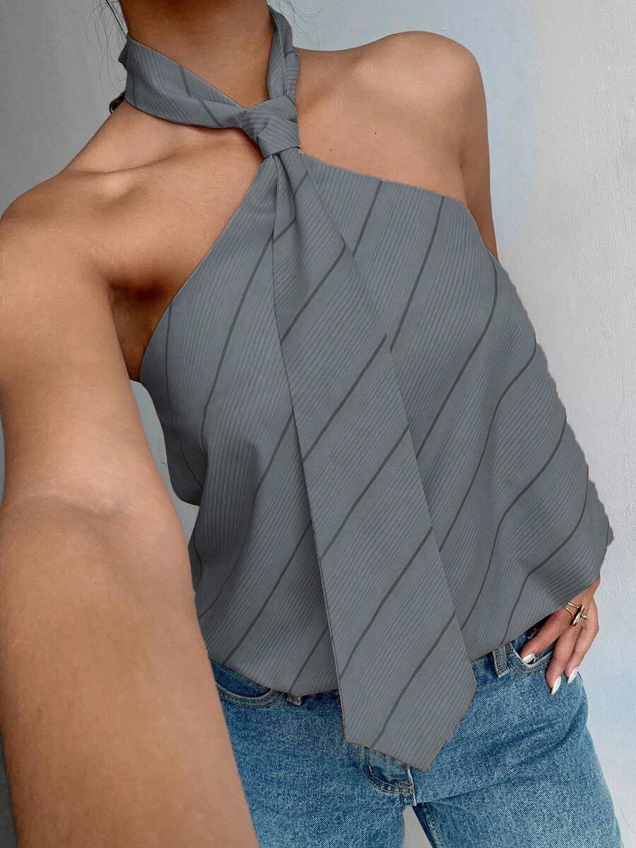 Flirla Women's Fashionable Sexy Striped Halter Backless Top - Grey - View 1