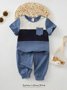 Cozy Pixies Set bluză și pantaloni casual cu guler rotund, blocuri de culoare, mânecă scurtă, pentru bebeluși băieți, model patchwork clasic în culori cool, potrivit pentru ieșiri, acasă, vacanță, ținute de vară, stil distractiv - Multicolor - Vizualizare 4