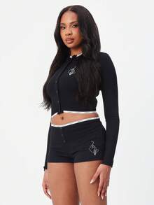 BABYPHAT 罗纹长袖纽扣前襟logo睡衣上衣，撞色滚边细节，舒适睡衣 - 黑色 - 查看 5