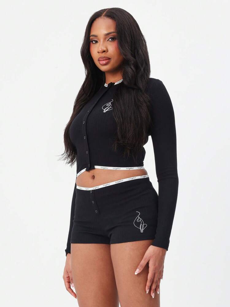 BABYPHAT Ribbed Long Sleeve Button Front Logo Pyjama Top With Contrast Trim Detail For Cozy Nightwear