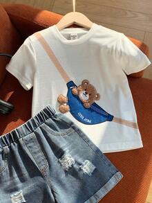 SHEIN Little Byeori Conjunto de 2 piezas de pantalones cortos con relieve de dinosaurio para niños pequeños - Marrón - Ver 8