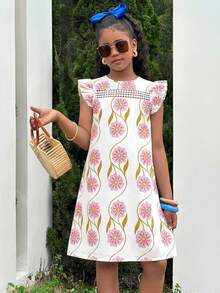 少女休闲碎花拼接荷叶边宽松度假连衣裙，母女装 - 彩色 - 查看 3