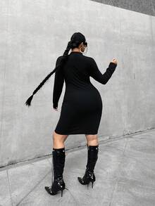 POPSWAY Plus Size Women Contrast Color Minimalist Daily Wear Mandarin Collar Dress, Dark Style - Black - View 7