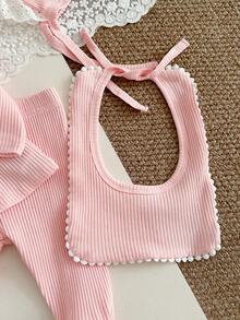 SHEIN Infant Girls' Simple Pink Long Sleeve Casual Homewear Set With Hat And Bib - Pink - View 5