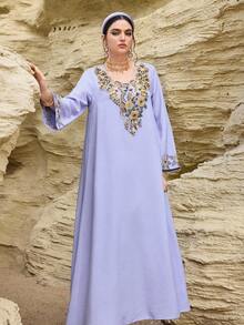 Al Najma 优雅、奢华、浪漫的刺绣串珠装饰土耳其女士长裙，阿拉伯传统长袍 - 紫色 - 查看 4