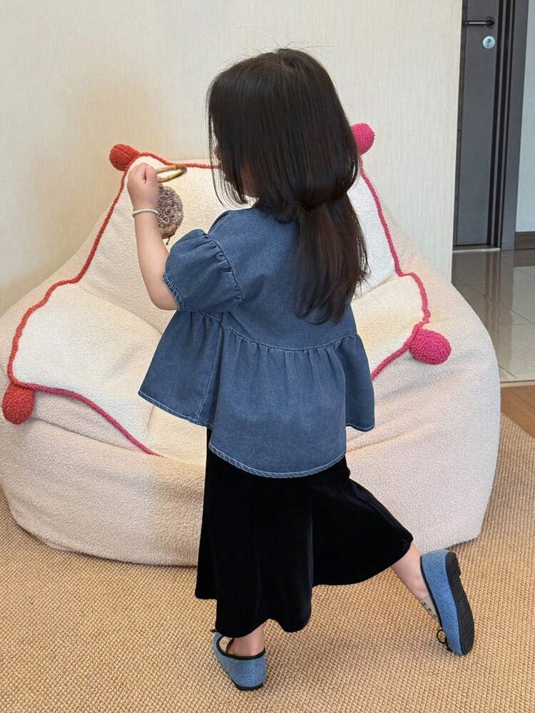 Baby Girls' Round Neck Casual Ruffle Hem Washed Loose Short Sleeve Denim Summer Toddler Girls Clothes