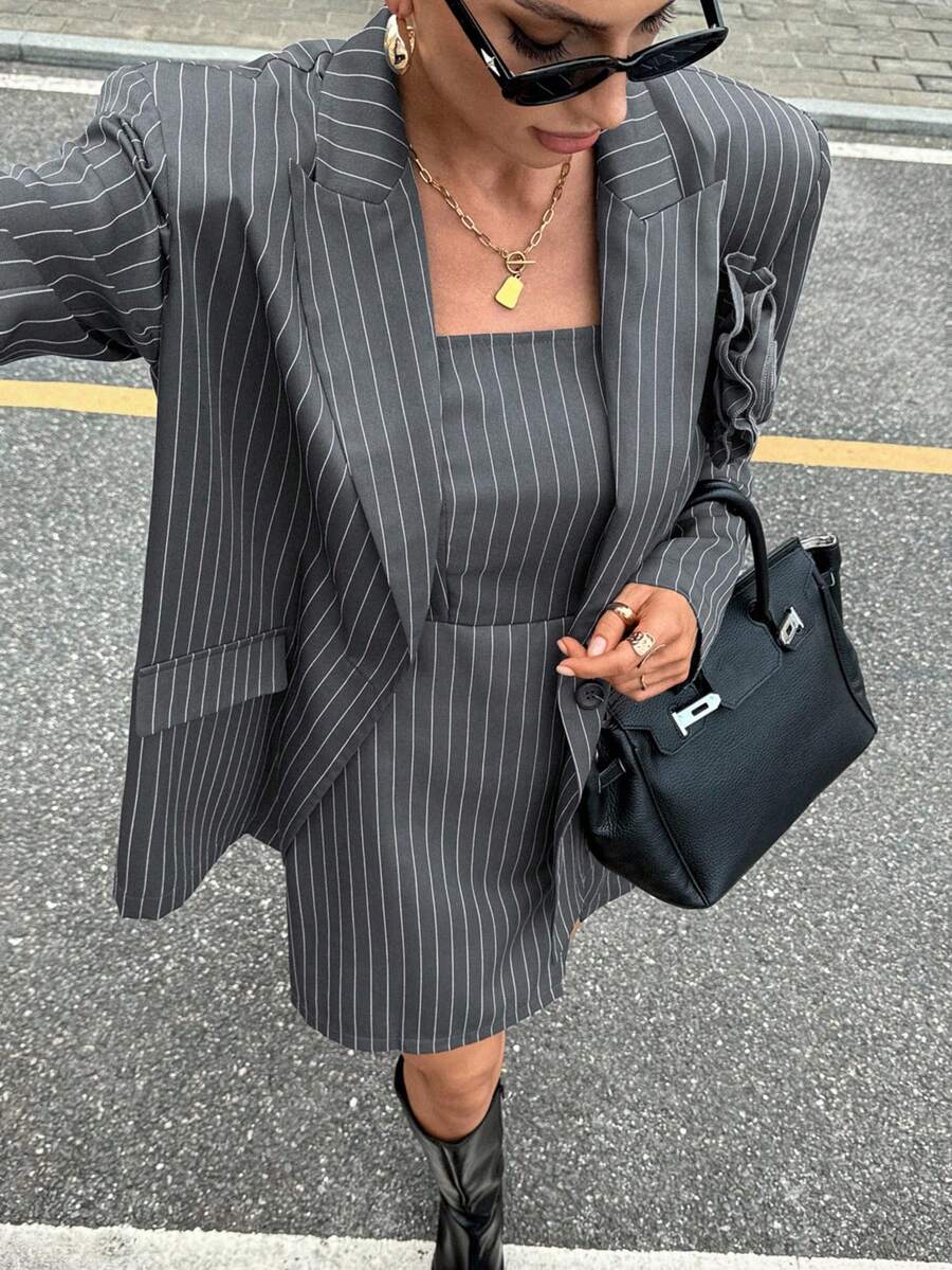 Siren Gaze Women's Striped Jacket Dress Suit In Fall/Winter - Navy Blue - View 1