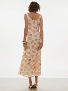 Poéselle Women Multicolor Boho Random Floral Print Long Tank Dress With Deep V Neck And Flared Hem Sleeveless Ruffle Details - Multicolor - View 3