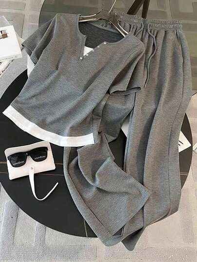 Resyla New Arrival Button Decorated 2 In 1 Wide Leg Pants With Pockets, 2 Pieces Set For Daily & Home Wear