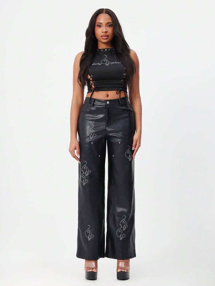 BABYPHAT Pantalones de pernera ancha de imitación de cuero con bordado floral, pantalones de talle alto con estilo alternativo gótico de moda para otoño e invierno