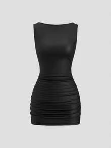 Sweetra New Fashion Wine Red Coated Elastic Fabric Ruched Waist Slim Fit Mini Dress, High Neck Ruffle Detail, Suitable For Club Party, Cocktail, Commute, Daily Wear In Autumn/Winter - Black - View 3