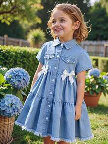 SHEIN Elladie kids Đầm denim cho bé gái, mẫu đầm thường ngày dễ thương và ngọt ngào! Chất liệu denim xanh nhạt cổ điển, thoải mái, thiết kế túi trước có nắp và nơ xinh xắn, phần gấu rộng giúp tôn dáng, viền tua rua tạo điểm nhấn ngọt ngào và năng động. Thích hợp cho các hoạt động hàng ngày, đi học, du lịch cuối tuần, mùa tựu trường, kỳ nghỉ và nhiều dịp khác, giúp bé luôn thời trang và năng động mỗi ngày! - Rửa trung bình - Xem 3