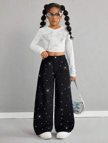 SHEIN 少女Y2K浅色水洗水钻装饰口袋阔腿宽松休闲牛仔裤，闪亮水钻宽松阔腿牛仔裤，秋冬休闲牛仔裤，宽松牛仔裤，机场休闲，阔腿裤，街头风，趣味牛仔裤，返校季，优雅派对闪亮，圣诞节 - 黑色 - 查看 4