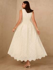 Enchnt 女士时尚优雅浪漫刺绣V领修身A字长裙，杏色 - 杏色 - 查看 7