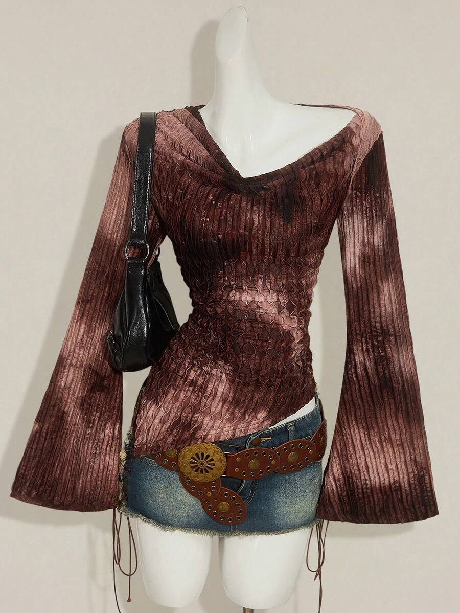SHEIN ICON 秋季女式西部波西米亚风复古哥特露肩外出扎染印花不对称下摆长袖喇叭袖时尚T恤 - 棕色 - 查看 1