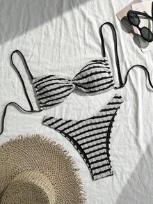 Swim Vcay Women's Two Pieces Textured Bikini Set, Multi-Color, Casual Vacation, Christmas Outfits, New Year Outfits - Black and White - View 2