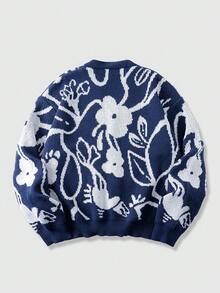 ROMWE MEN Men's Floral Jacquard Loose Knit Long Sleeve Sweater - Royal Blue - View 2