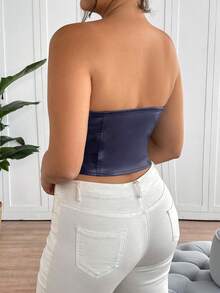 SHEIN Tall CURVE Canotta nera in ecopelle con bottoni centrali frontali, taglie comode - Blu Navy - Visualizzare 2