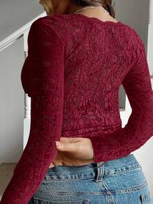 SHEIN Clasi Celure 大码女式法式浪漫蕾丝蝴蝶结性感上衣 - 酒紅色 - 查看 2