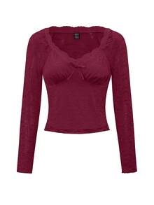 SHEIN Clasi Celure 大码女式法式浪漫蕾丝蝴蝶结性感上衣 - 酒紅色 - 查看 7