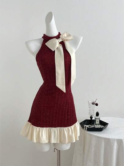 Sweetra Elegant Vintage Burgundy Series High-End Party Dress, Satin Fabric With Bow Accent, Patchwork Ruffle Hem, Sophisticated Party Dress For Women