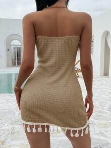 Sunnyshic Apricot Textured Fabric Sexy Strapless Backless Fringe Decor Bodycon Dress - Khaki - View 2