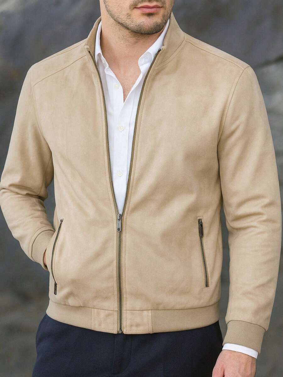 Chaqueta de Gamuza Sintético para Hombres, Afelpada por Dentro, Chamarra Piel Sintética - Beis - Ver 1