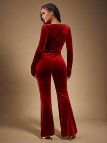 Radiana Sexy & Elegant Fitted Long Sleeve Jumpsuit, Flared Leg, Suitable For Daily Wear, Gatherings, Parties, Dates, Nightclubs, Valentine's Day,Spring To Summer, - Red - View 2