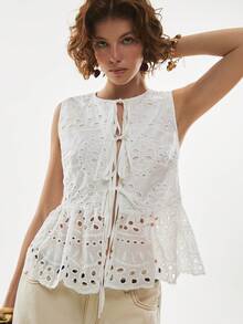 Poéselle Women's Hollow Embroidery Front Tie Ruffle Hem Fashionable Camisole,White Eyelet Embroidered Lace-Up Tank - Sleeveless Cotton Summer Top With Scalloped Hem,Summer Boho Blouses,French Style Blouses - White - View 7