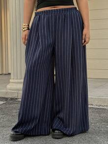 Dazy Plus Plus Size Women Loose Striped Wide Leg Elastic Waist Long Pants, Street Style, All Season - Navy Blue - View 3