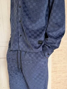 Manfinity Roghcode 男士格子复古休闲长袖衬衫长裤套装，秋冬男士两件套蓝色男士套装，男士两件套休闲西装Y2K运动服男士服装套装蓝色 - 寶藍色 - 查看 3