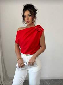Selianne Áo kiểu satin xếp ly lệch vai thanh lịch, lãng mạn dành cho nữ - Đỏ - Xem 5