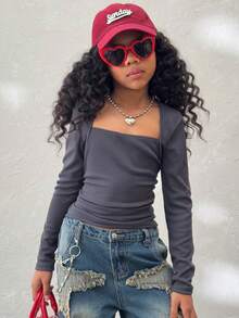 Coolane Áo thun nữ mùa thu thời trang ôm sát, tay áo raglan, cổ chữ U, eo nhún, co giãn - Màu xám đen - Xem 3