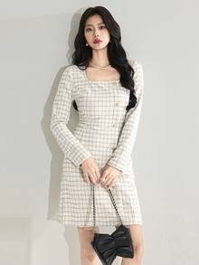 Heiryn 优雅粗花呢长袖连衣裙，通勤必备 - 彩色 - 查看 4