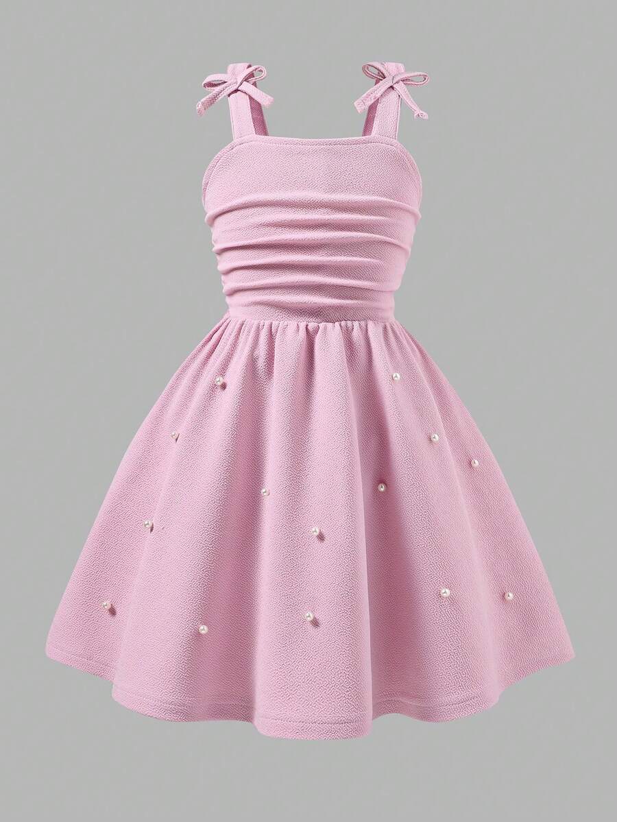 Women's Red Spaghetti Strap Bow Tie Waist Midi Dress, Sexy & Elegant, Beaded Textured Fabric, Back To School Season Tween Girl Pearl Dress Tween Girls Elegant Dress That Is Light Pink Young Girl Sleeveless Party Dress Cute Dresses For - Pink - View 1