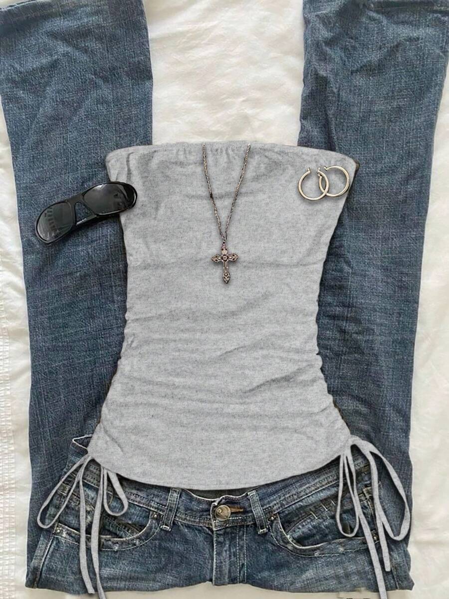 Attitoon Women's Casual Drawstring Tie-Front Cropped Tube Top Carnival - Light Grey - View 1