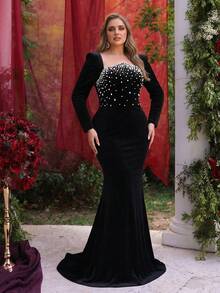 Glamrae Váy dạ hội đuôi cá dáng ôm dáng ôm sát, tay dài nhung đen sang trọng, đính hạt thủ công, eo cao, cỡ lớn, phù hợp cho mọi dịp trang trọng - màu đen - Xem 2