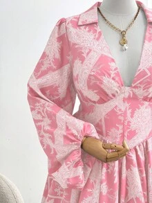 Sweetra 大码女式碎花印花收腰长袖优雅休闲度假衬衫裙 - 粉色 - 查看 8
