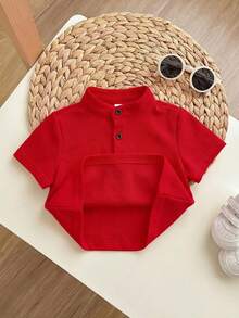 Baby Boy Red Round Neck Short Sleeve Tee Regular Sleeve Semi Sheer Polyester Graphic Everyday Casual Button Front Top - Red - View 4