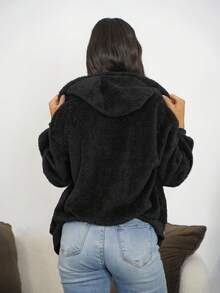 SAYEHFBABY Women's Solid Color Fleece Hooded Sweatshirt, Thick Warm Pullover Sweatshirt, For Ladies, Autumn/Winter,Long Sleeve Tops Graduation,Back To School Outfits,Graduation,Teacher Outfits For Women,Back To School - Black - View 2