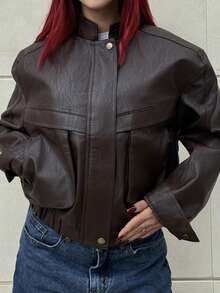 Bearsaez Women's Solid Color Long Sleeve Zip-Up Casual Loose PU Leather Jacket, Autumn,Women's Leather Jacket,Women's Winter Jacket,Chic Women's Jacket,Cropped Jacket,Brown Jacket - Coffee Brown - View 4