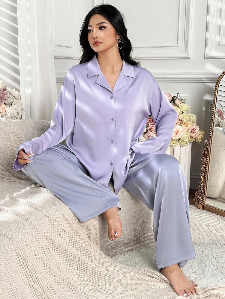 Dazy Plus 2pcs/Set Casual Sleepwear, Solid Color Long Sleeve Loose Top And Straight Leg Pants, Plus Size Women, Purple, Spring/Summer/Autumn