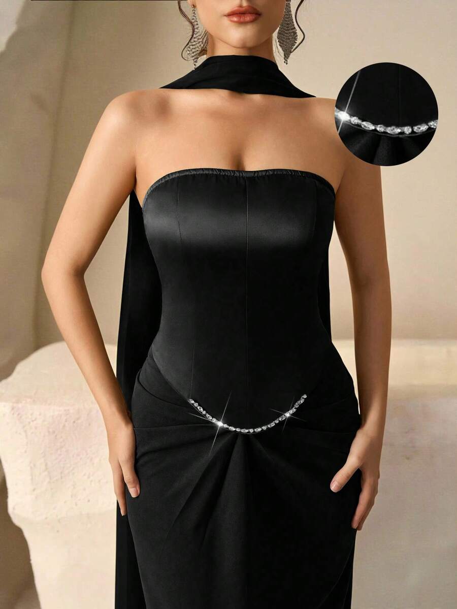 Coutiva Đầm dạ hội không dây vai, màu trơn, trang nhã, đính pha lê dành cho nữ. - màu đen - Xem 1