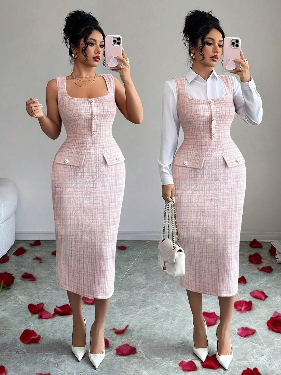 Elenzga 优雅法式风格弹力银线斜纹软呢酒红色高端设计，方领修身显瘦，珍珠纽扣无袖紧身连衣裙，适合假日、独立日等场合穿着。 - 彩色 - 查看 1