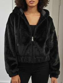 Chamarra de Peluche Corta para Mujer con Capucha, Cierre Completo y Ajuste Elástico, Abrigo Ligero de Invierno - Negro - Ver 5